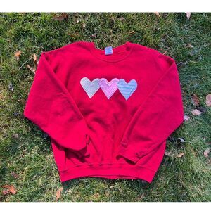 Upcycled Heart Patches Crewneck Sweatshirt Valentines Red Women L